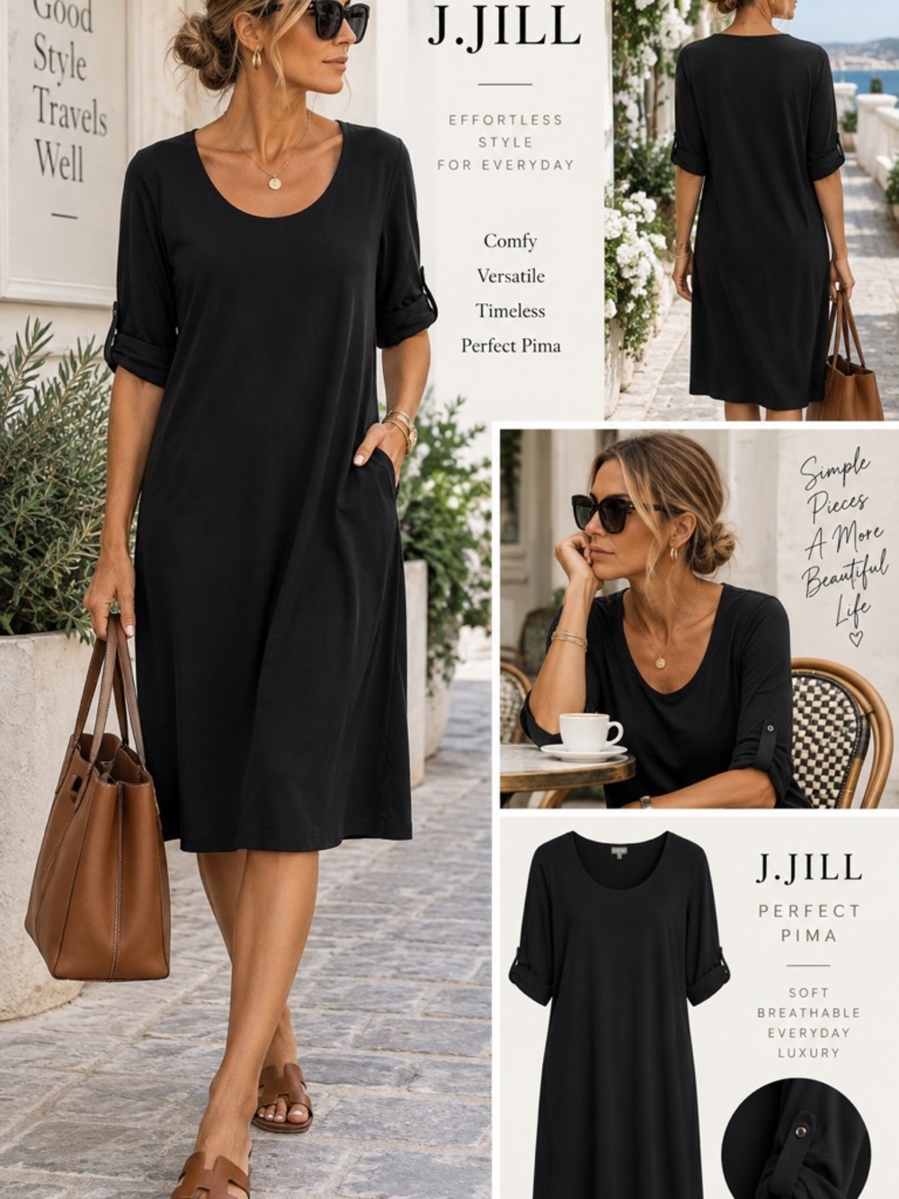 J.Jill Perfect Pima Black Midi Dress L Cotton Flowy Casual Minimalist Comfy